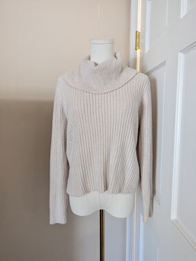RACHEL ZOE Cream Fuzzy Chenille Ribbed Cowl Neck Sweater S/M